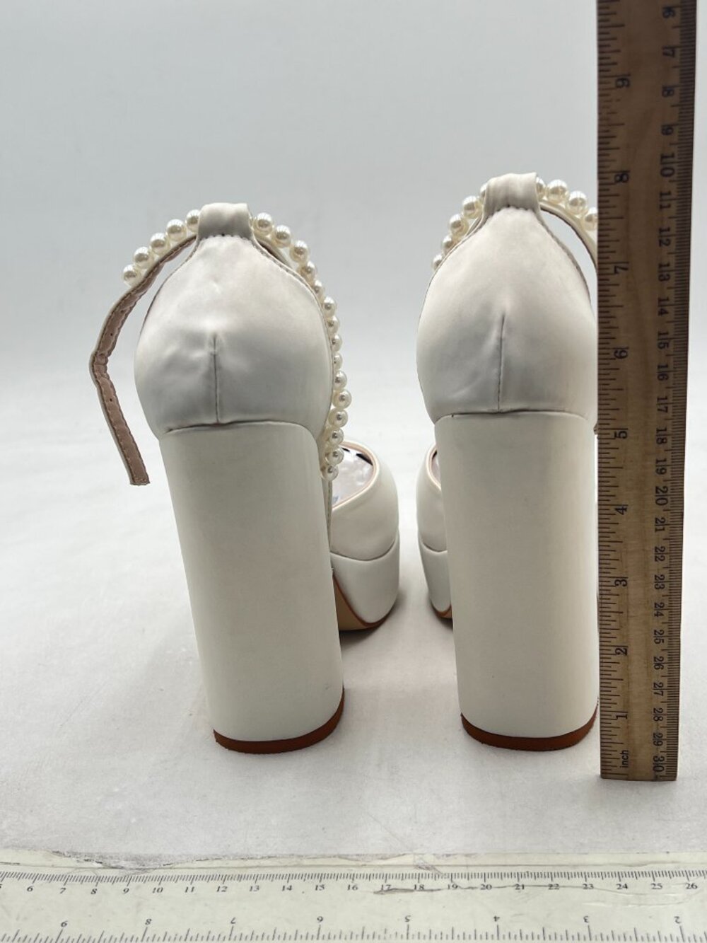 FYS White Round Toe Pump Platform Chunky High Heels Bejeweled Ankle Strap Shoes - Picture 5 of 8